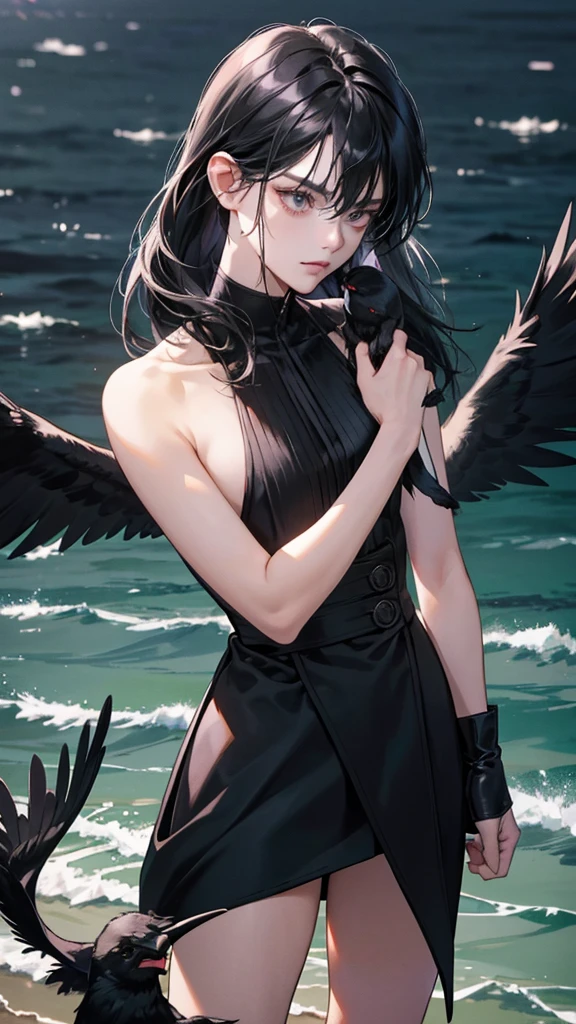 NSFW, short boy, feminine small shotacon, small fragile body, black fur clothes, little to no clothes (showing core body), black hair, mullet hair, bangs, shining eyes, masterpiece, 8k, photorealistic, chiaroscuro lighting, dramatic shadows, cinematic composition, coast background, wearing black short, smirk face, sexy pose, holding crow pet