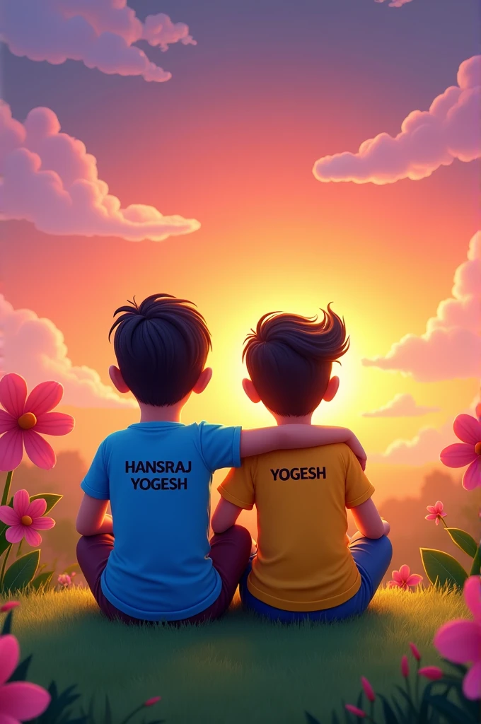 2 friends siting on the grass enjoying the view of sunset, one boy name "HANSRAJ" written on the shirt and another boy name "YOGESH" written on the t shirt 2d cartoon behind the cartoon best friend