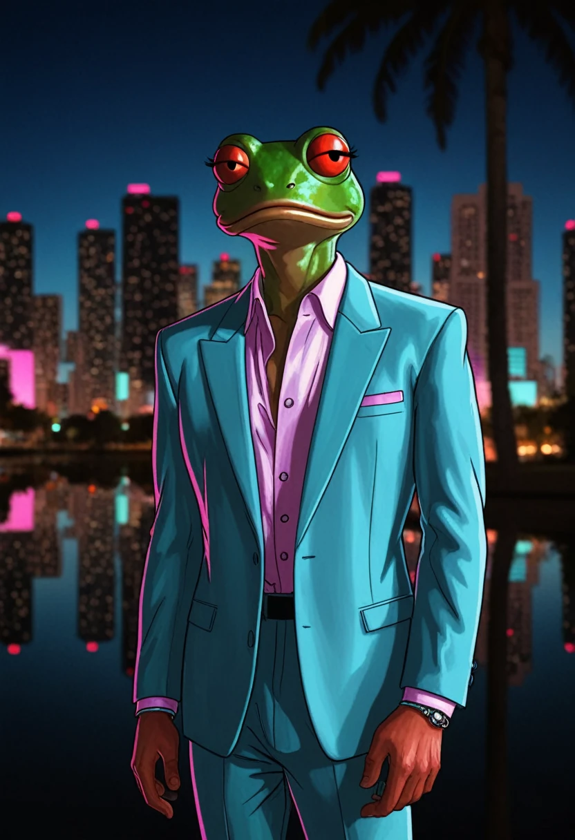 Create an image of a red-eyed tree frog humanized, in a MIAMI VICE animation style. wearing a suit and jewerly. The background should resemble Miami City or a retro setting, with reflections of lights.