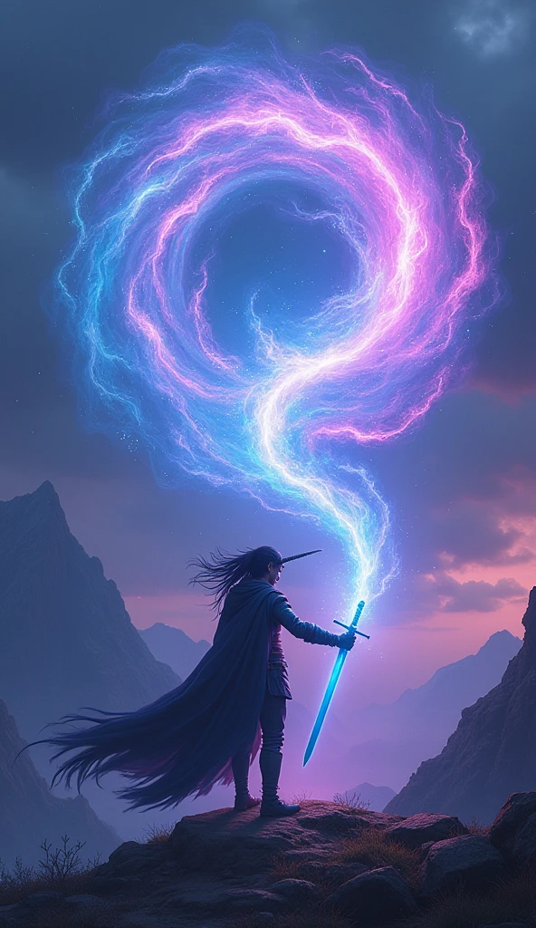 The unicorn bows his head and a pure, shining beam of light shoots out from his horn, merging with the dark purple energy surrounding Vortex's sword. Light and darkness intertwine, creating a swirling vortex of power that glows in seven colors. Vortex, with his long black hair fluttering, feels the immense rainbow energy flowing through his weapon, preparing to defeat the enemies of the village.