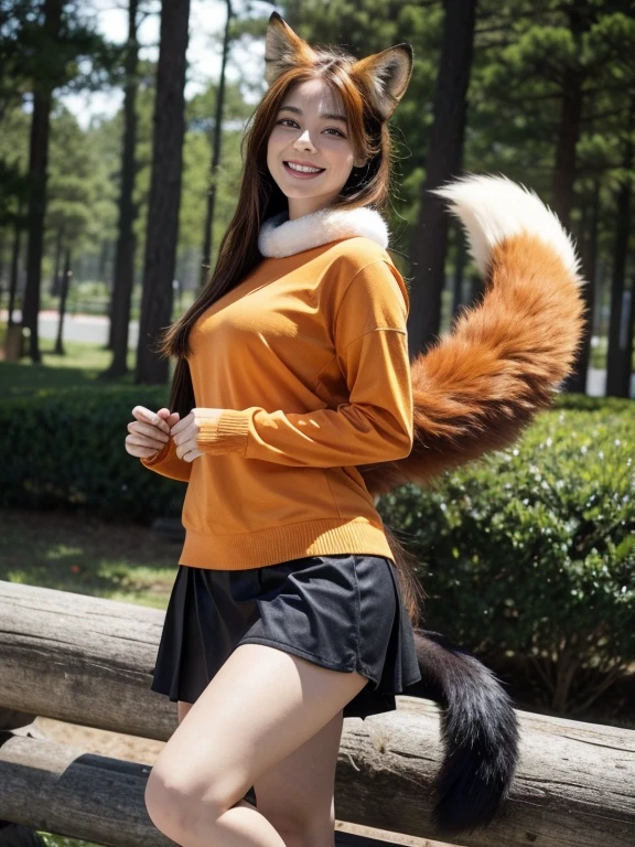 ((Highest quality, 8k)), ((masterpiece)), (Highest Resolution), Perfect Face, Fox Woman, Female college student, Beautiful woman, Outdoor, only one tail, she has thick thighs, Her large tail, Her orange fox tail, She wags her tail, Smiling with teeth showing, Fur collar, She is wearing short jeans., On all fours, Beautiful Hips , A fox tail sticks out from her jeans
