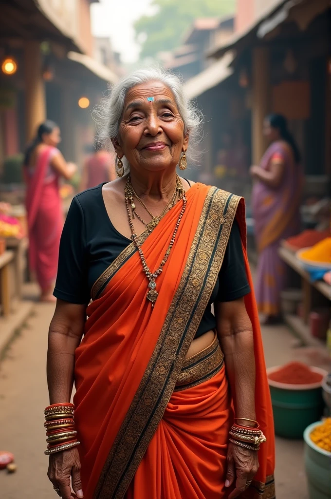 An Indian grandma wearing black blouse,and wearing half saree from the low hip, showing her big boobs her face was horny,and her tongue was out