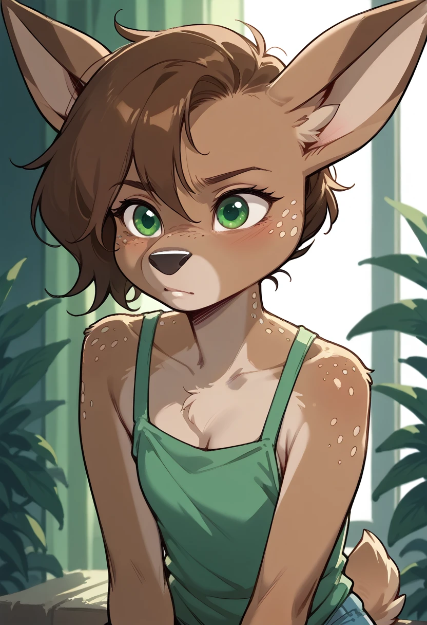 lotte, deer girl, furry female, body fur, animal nose, snout, animal ears, green eyes, brown hair, short hair, freckles,