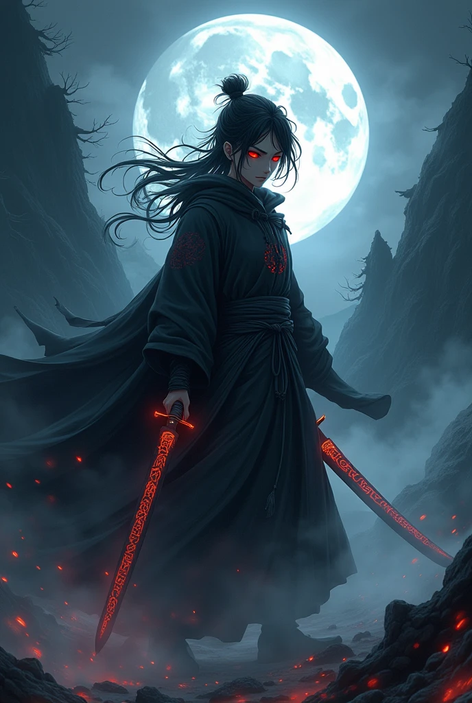 Create an anime character with dark powers with a katana releasing dark aura