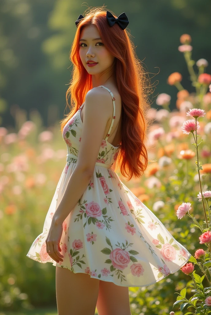 ultra realistic, photography, long red straight hair, 24 years old, hourglass figure, perfect fit body, natural medium breasts, (Best Quality,high resolution), a small black bow in her hair, vivid colors, wearing a short summer dress, the dress is flowing in the wind, Sharp focus, beautiful detailed eyes, beautiful detailed lips, White skin, Lovely makeup, soft and flowing hair, delicate features, elegant pose, gentle smile, background with flowers, garden landscape, soft sunlight, full body picture, she is barefoot, painted toes