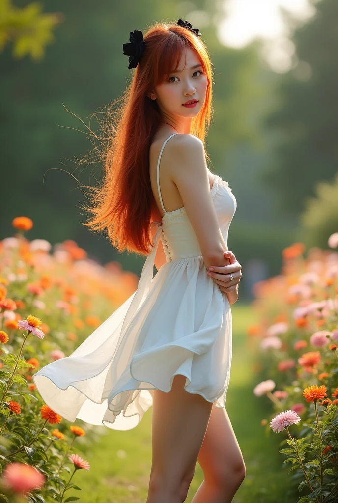 ultra realistic, photography, long red straight hair, 24 years old, hourglass figure, perfect fit body, natural medium breasts, (Best Quality,high resolution), a small black bow in her hair, vivid colors, wearing a short summer dress, the dress is flowing in the wind, Sharp focus, beautiful detailed eyes, beautiful detailed lips, White skin, Lovely makeup, soft and flowing hair, delicate features, elegant pose, gentle smile, background with flowers, garden landscape, soft sunlight, full body picture, she is barefoot, painted toes