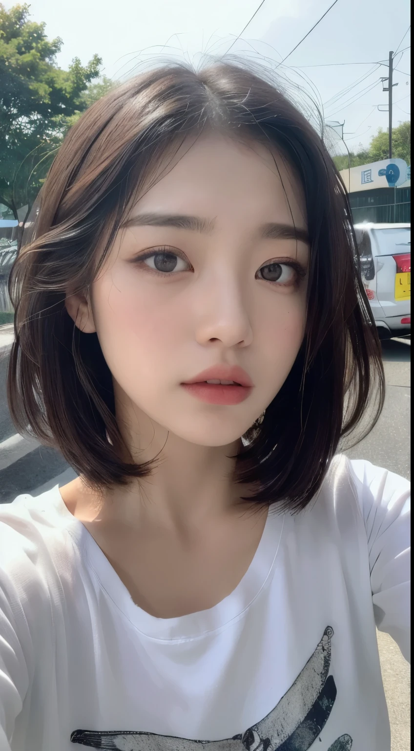 ((Highest quality, 8k, masterpiece: 1.3)), Sharp focus: 1.2, Beautiful woman with perfect body: 1.4, ((Layered Haircut, Large Breasts: 1.2)), (very good) ,(Thin, Damp T-shirt: 1.1), (rainに濡れた白いシャツ), (rain, street: 1.2), Wet body: 1.1, Highly detailed face and skin texture, Detailed eyes, double eyelid,Grim expression