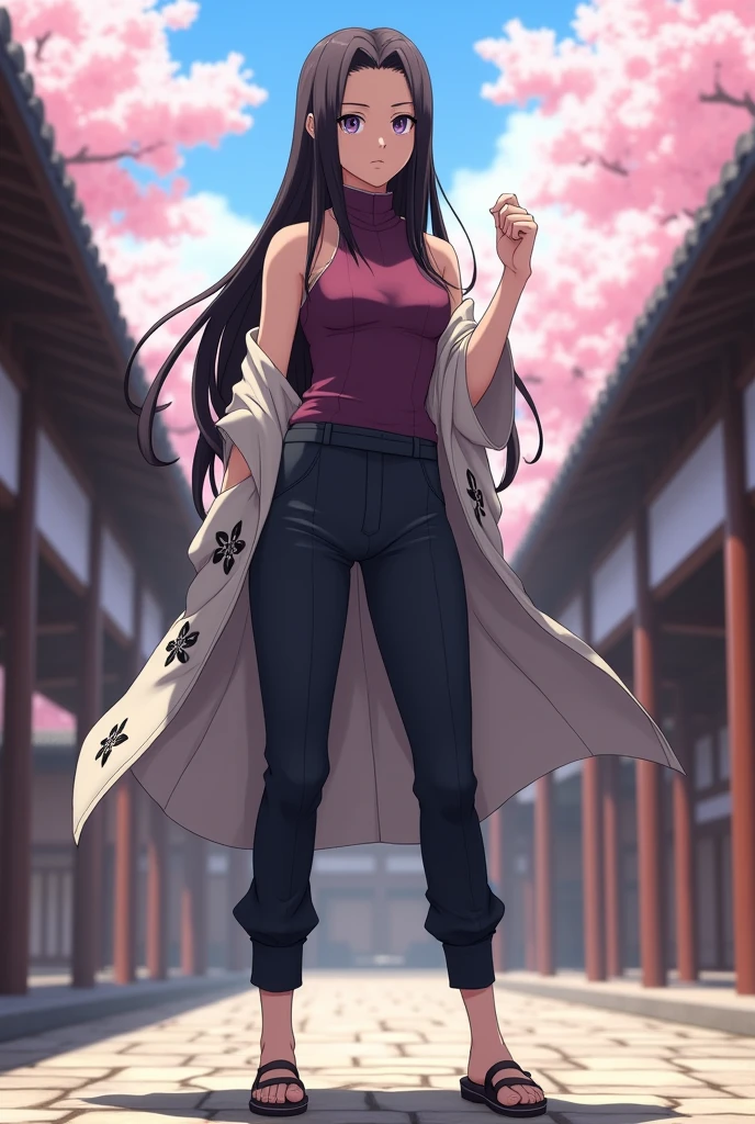 Create a 3D image of adult Hanabi Hyuga from Naruto. She has long, dark brown hair that flows down her back, with a more mature and refined appearance. Her pale lavender eyes are calm yet vigilant, showcasing her mastery of the Byakugan. Hanabi wears a sleek, dark-colored ninja outfit that blends traditional and modern elements—a fitted, high-collared sleeveless top paired with dark pants and shinobi sandals. Over her outfit, she has a light, short-sleeved kimono-style jacket with subtle Hyuga clan patterns, signifying her status within the clan. She stands confidently, one hand raised in front of her as if ready to activate the Gentle Fist technique, with her other hand prepared for precise strikes. The background is a tranquil Hyuga clan courtyard, surrounded by traditional wooden buildings and cherry blossoms gently falling, adding to the serene yet powerful atmosphere