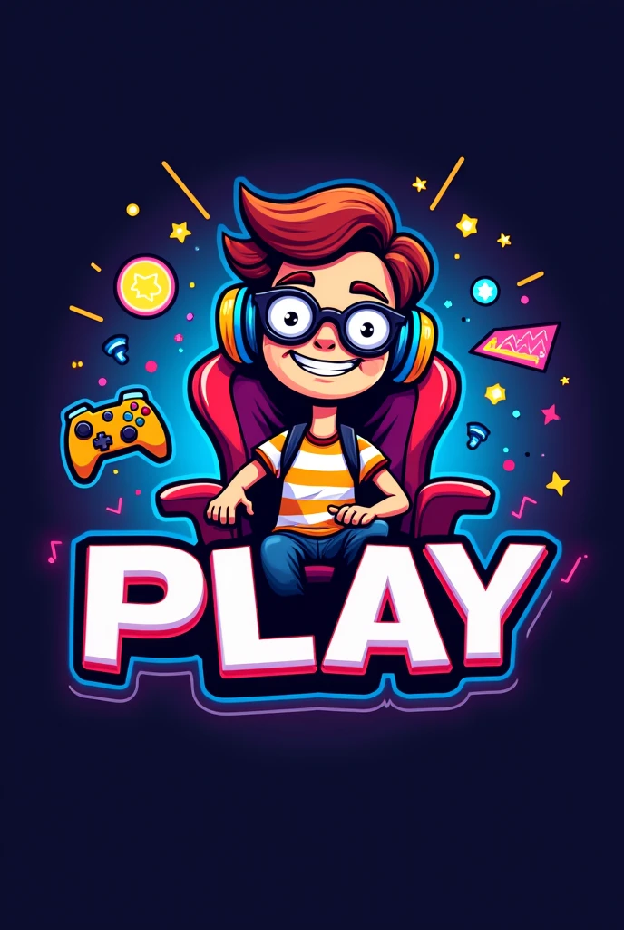 Logo with the name DH PLAY, themed around a nerd with glasses playing PlayStation 4 sitting in a gaming chair