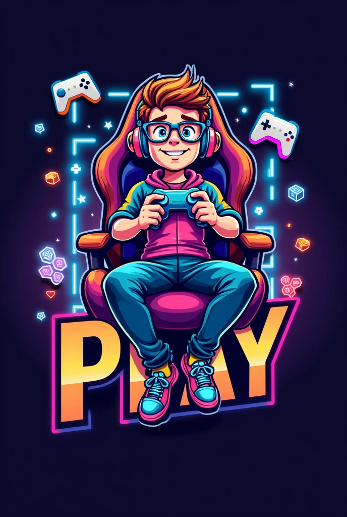 Logo with the name DH PLAY, themed around a nerd with glasses playing PlayStation 4 sitting in a gaming chair