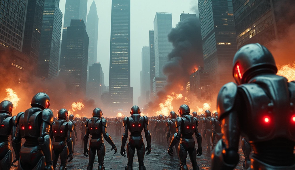 a cityscape under siege by robotic forces, highlighting the contrast between human and machine.
