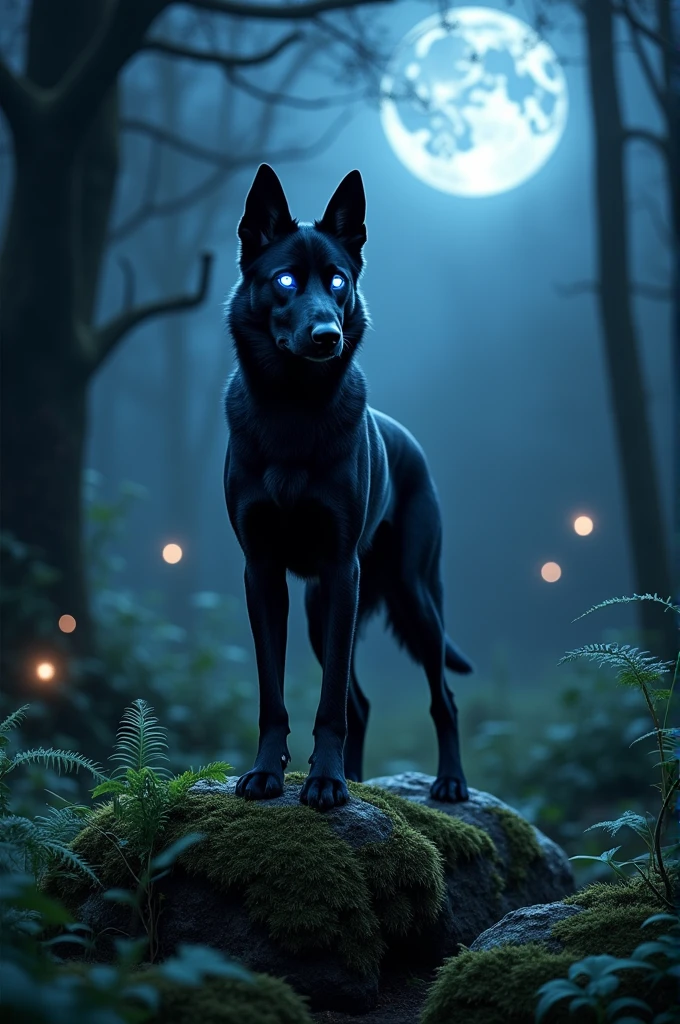 Black dog with phosphorescent blue eyes
