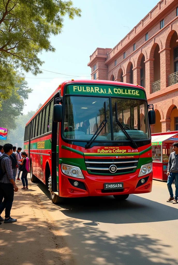 Create an image of a red and green BRTC bus with the name 'Fulbaria College' displayed prominently on the front and side. The bus should be parked near a college campus, with students boarding or standing nearby, showing the bus as a dedicated service for the college. The surroundings should reflect a typical Bangladeshi urban setting.