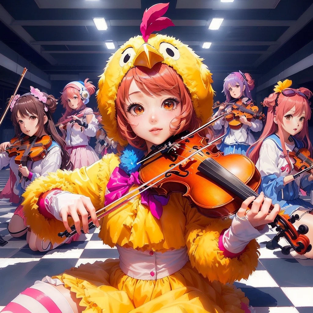 Girl in a chicken costume, An anime where she plays the violin with other girls, Nightcore, Best anime 4k konachan wallpaper, orchestra, Official artwork, hochangeve, everyone, Anime Cover, Vocaloid, high detailed Official artwork, change, Pixiv, Idol Master, sayori, Profile photo 1024px, Splash art anime , 80s anime style, Pixiv contest winner