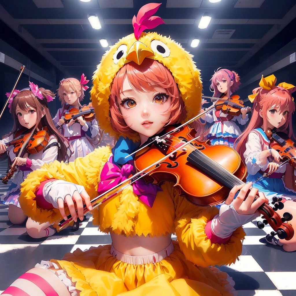 Girl in a chicken costume, An anime where she plays the violin with other girls, Nightcore, Best anime 4k konachan wallpaper, orchestra, Official artwork, hochangeve, everyone, Anime Cover, Vocaloid, high detailed Official artwork, change, Pixiv, Idol Master, sayori, Profile photo 1024px, Splash art anime , 80s anime style, Pixiv contest winner