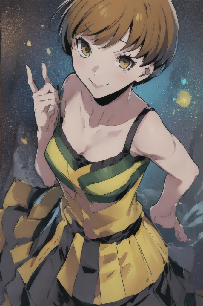 Chie Satonaka from Persona 4 in her classic outfit: a green jacket with yellow accents, a white shirt, and a black skirt, yellow eyes,shining eyes, glowing eyes
Make her pose more flirtatious,sexy confident. Solo girl, 1 girl, A little bit chubby,curvy and thicc, 
Smug face, cocky face,smirk
She should be standing with one hand on her hip, slightly leaning forward with a playful smile, and giving a subtle wink. The expression should be teasing and charming, capturing her bold and confident side. Ensure the image remains tasteful, with her outfit and appearance staying true to her character, emphasizing her playful yet strong personality.