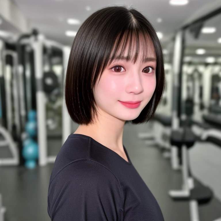 (kawaii 24 year-old Japanese girl, Nogizaka idol, Korean idol), healthy female athlete body, (glossy black hair, short hair, pixie cut, bangs:1.3), (rounded face, pure black eyes, single eyelid, no makeup, soft smile:1.2), (wearing training shirt, grey sports leggings:1.3), extra small breasts, well shaped hip, (slim waist, thigh gap:0.9), BREAK, (sports gym background:1.3), (looking at viewer, dynamic angle, close shot:1.2), BREAK, (masterpiece, best quality, photo realistic, official art:1.4), (UHD, 8K quality wallpaper, high resolution, raw photo, golden ratio:1.3), (shiny skin), professional lighting, physically based rendering, award winning, (highly detailed skin, extremely detailed face and eyes, anatomically correct body), Carl Zeiss 85 mm F/1.4, depth of field, 1girl, solo,