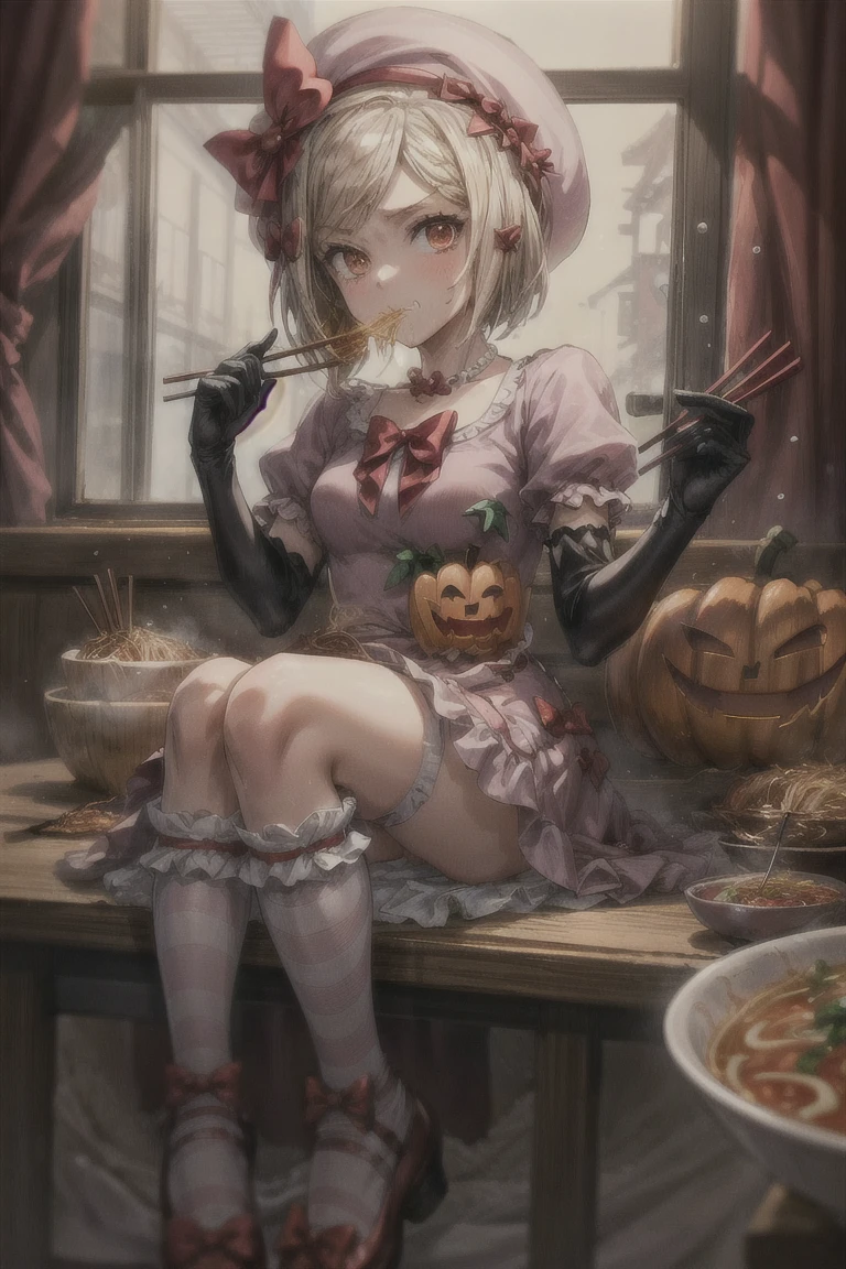 (masterpiece),(best quality), lambdadelta, dress, shoes bow, red shoes, striped stockings, red bow, pink hat, pumpkin brooch, necklace, gloves, pearl,, looking at the viewer, ramen, Holding chopsticks,eating , chopsticks,
