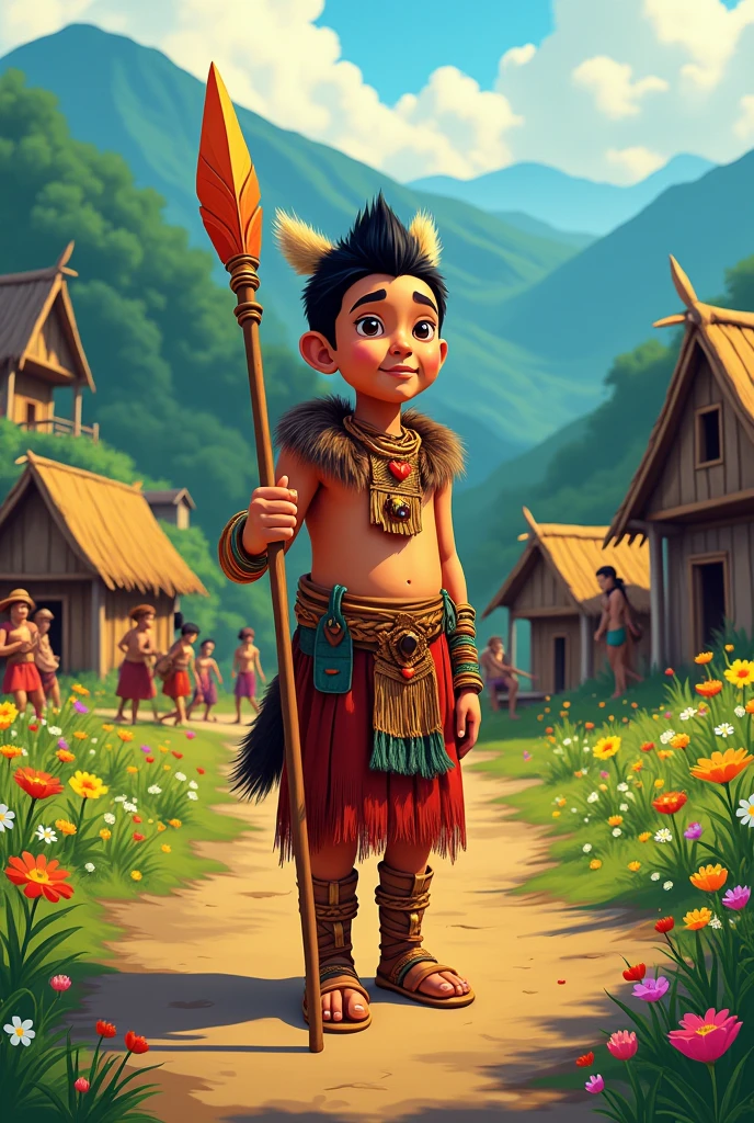 Igorot warrior in village, make it look like vintage and cartoon
