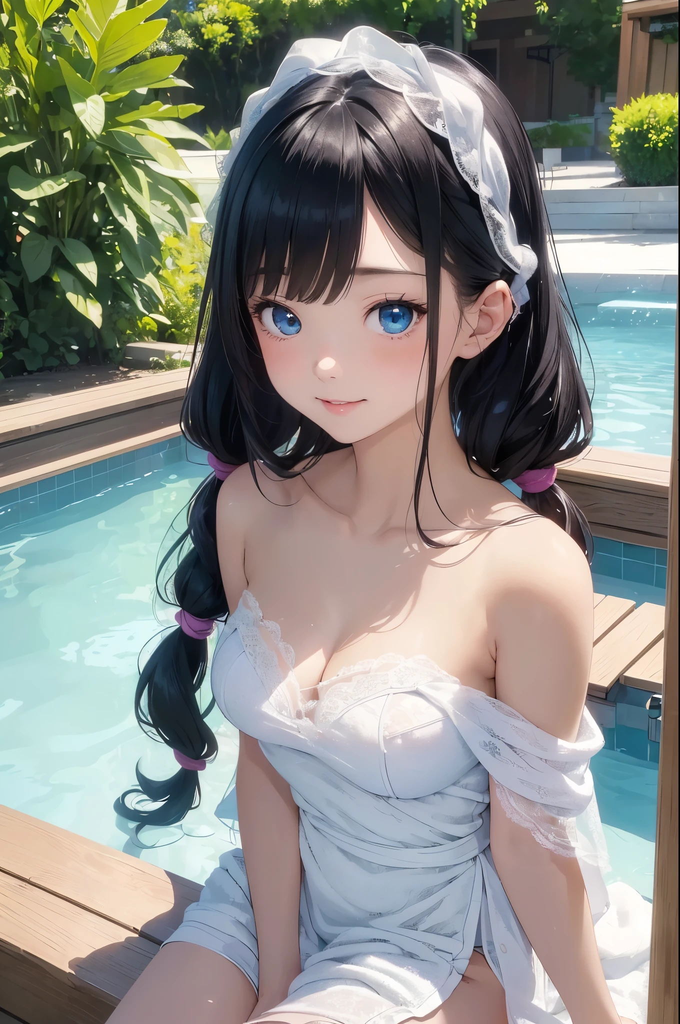 ((masterpiece)), ((highest quality、Ultra high definition)), (Very detailed),((8k、Photo quality))、((Amazingly cute girl))、(****************,)、Two people, , (Beautiful emerald blue eyes), ((smile)),((A luxurious Japanese-style open-air bath at a high-class hotel)), Beautifully arranged black hair in twin tails、Slim Body、(Cute little breasts)、(((They are wearing a white bath towel wrapped around their body.)))、Professional Lighting、(White lace knee-highore detailed and beautiful)、(More details and cutenesore realistic)、((Just wear light clothing))、Frolic in the pool、(Too cute)、(The embodiment of cuteness)、(Godly cuteness)、((Night view))、((It seems visible but it&#39;s not))、