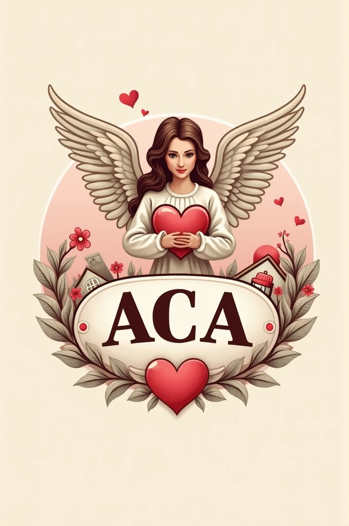 Vintage logo, subtle and elegant, with the acronym “ACA” .Focused on home medical care for the elderly. Highlighted an angel, a house and medical items. Mainly pink and red in color