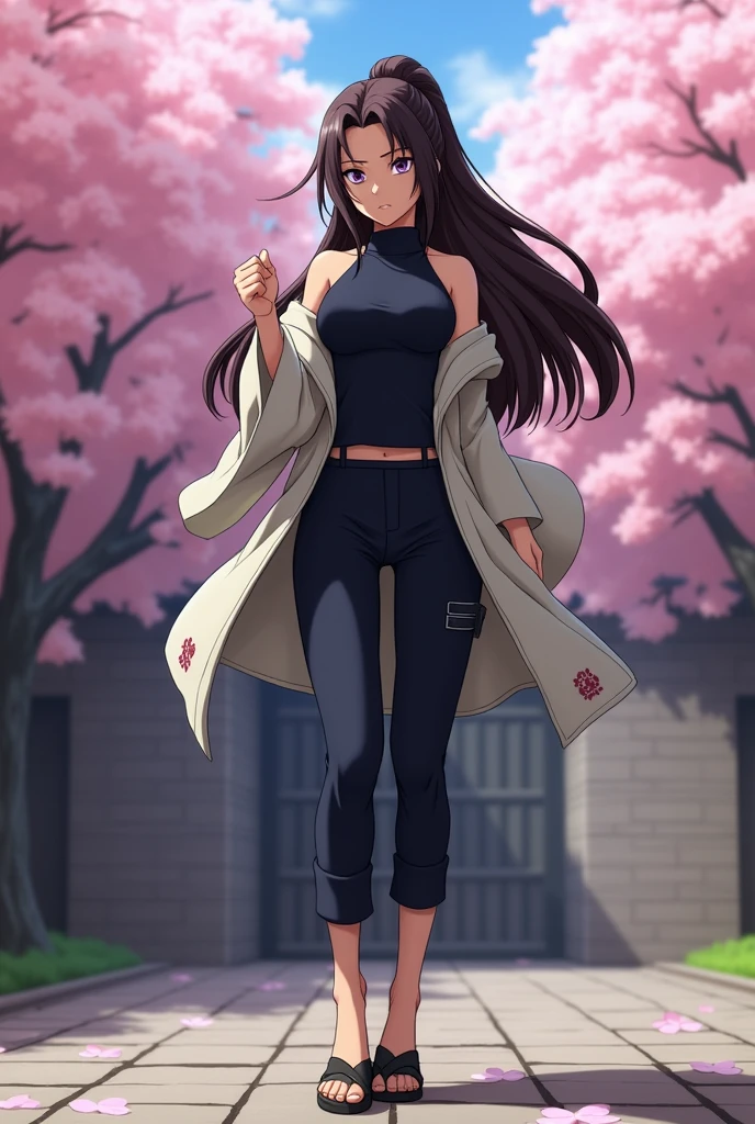 Create a 3D image of adult Hanabi Hyuga from Naruto. She has long, dark brown hair that flows down her back, with a more mature and refined appearance. Her pale lavender eyes are calm yet vigilant, showcasing her mastery of the Byakugan. Hanabi wears a sleek, dark-colored ninja outfit that blends traditional and modern elements—a fitted, high-collared sleeveless top paired with dark pants and shinobi sandals. Over her outfit, she has a light, short-sleeved kimono-style jacket with subtle Hyuga clan patterns, signifying her status within the clan. She stands confidently, one hand raised in front of her as if ready to activate the Gentle Fist technique, with her other hand prepared for precise strikes. The background is a tranquil Hyuga clan courtyard, surrounded by traditional wooden buildings and cherry blossoms gently falling, adding to the serene yet powerful atmosphere