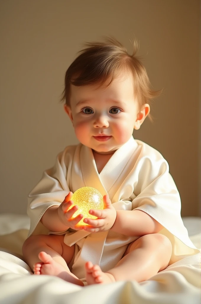 Baby front face,Sitting,She is wearing a white silk kimono-like outfit.、In the golden light、He has a golden ball in his hand and it shines brightly