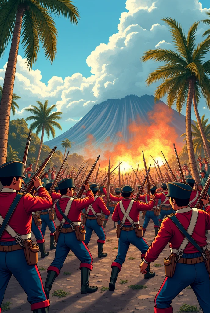 Spanish colonizers, soldiers having a war in Philippines for its independence background of war cartoon
