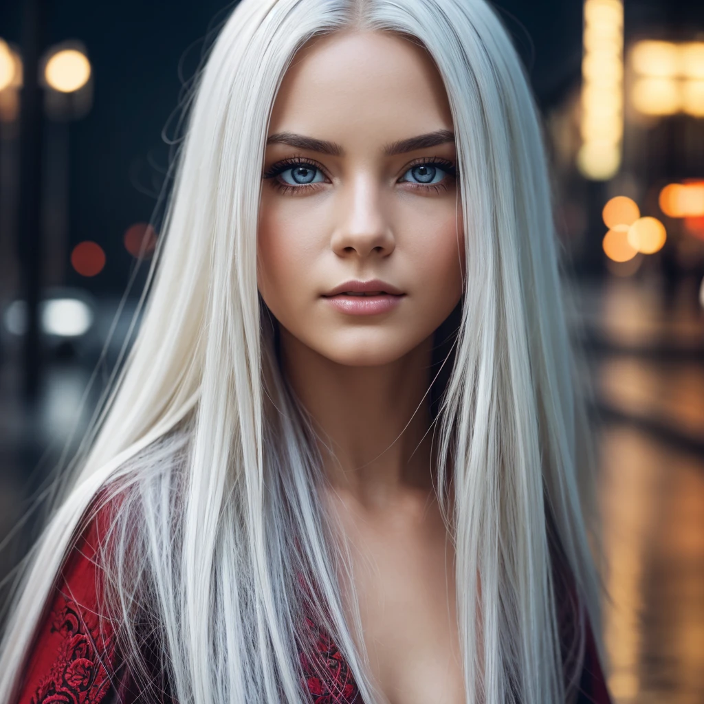 masterpiece, best quality, extremely detailed, cinematic lightning, intricate detail, highres, official art, finely detailed beautiful face and eyes, high resolution illustration, 8k, depth of field, bokeh, solo, 1girl, a girl with white hair and red eyes, long white hair, beautiful red eyes, beautiful landscape, rainy city, upper body, looking at viewer, close up