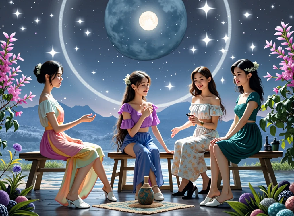一个Full of tranquility的迷人夜景,Starry Sky,(Four women with different looks and personalities are sitting comfortably on a wooden bench:1.5),Talking passionately,(There are white girls,Asian Girls,Middle Eastern Girls and Hispanic Girls),The silver moon shone softly on them,The sky spreads out like velvet dipped in ink,Dotted with countless twinkling stars,These stars look like celestial gems scattered across the vast canvas of the universe.,The air around them is fresh,Full of tranquility,Filled with the quiet intimacy of their shared time,Their surroundings are bathed in the soft glow of the stars and the moon.,Providing just enough light to illuminate their faces and the intricate details around them,,Create a dreamy、Almost surreal atmosphere,(8k,Bright colors,Bright,Ultra high saturation,rgb, Colorful),(High contrast:1.5),(whole body:1.8), magazine photography,Popular on social platforms,((Dopamineism)),(((Dopamine color matching))),Dopamine,(in the style of Y2K),Luo Erchun,Three-dimensional ancient style,Oriental poetry and painting