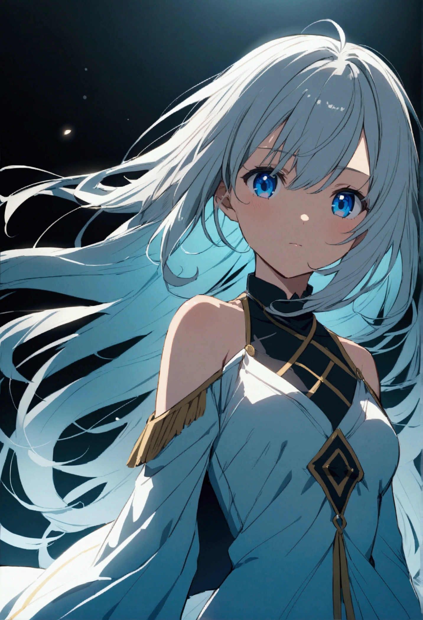 An anime girl with shoulder length gray hair and bright blue eyes.