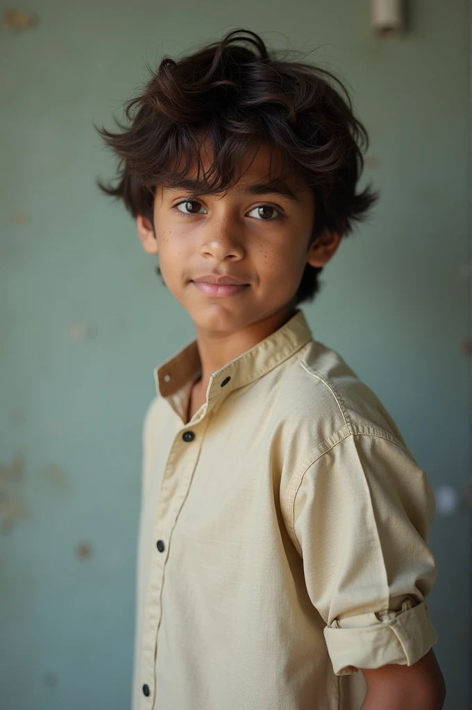 A young Indian male, likely between 18 and 22 years old, with a serious face looking at camera , dressed in casual college attire, possibly a plain white or light-colored kurta paired with worn jeans, sitting or standing in a simple, uncluttered background, with a subtle, warm smile that conveys a sense of approachability, his dark brown eyes cast downward, with a slight squint, as if lost in thought, his hair messy and unkempt, with a few stray strands falling across his forehead, his skin tone a warm, golden brown, with a slight scattering of light acne on his cheekbones, his nose slightly upturned, and his eyebrows thick and expressive, conveying a sense of innocence and freshness.