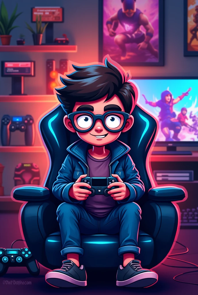 Logo with the name DH PLAY, themed around a nerd with glasses playing PlayStation 4 sitting in a gaming chair