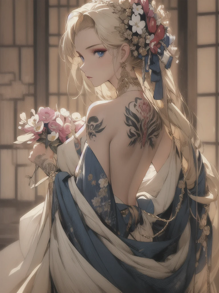 (masterpiece, highest quality, best quality, official art, beautiful and aesthetically pleasing:1.2),1 girl, tattoo, solo, Japanese clothes, hair decoration, nudity, golden hair, tattoo on the back, blue eyes, open shoulders, looking back, from behind, flower, looking at the viewer, holding, makeup, indoors.