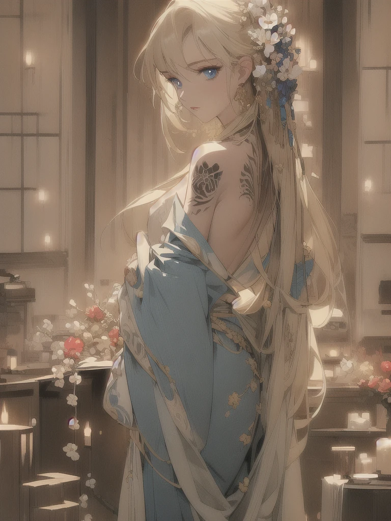 (masterpiece, highest quality, best quality, official art, beautiful and aesthetically pleasing:1.2),1 girl, tattoo, solo, Japanese clothes, hair decoration, nudity, golden hair, tattoo on the back, blue eyes, open shoulders, looking back, from behind, flower, looking at the viewer, holding, makeup, indoors.