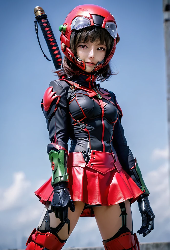 Wearing a revealing combat suit、Female Kamen Rider、miniskirt、Red big eye helmet、Combat pose