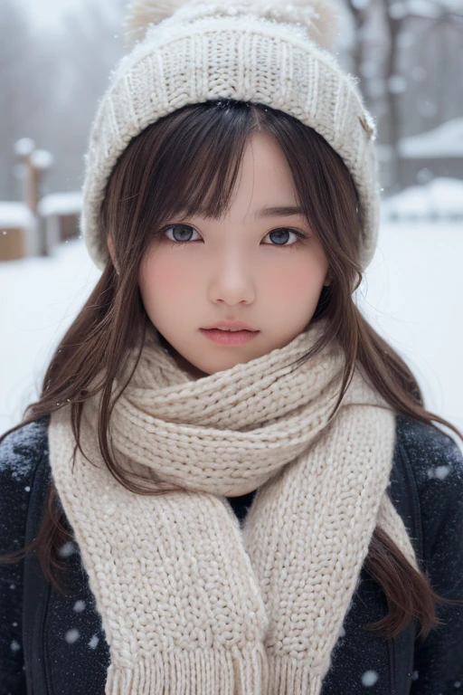 One Girl, (A beauty girl, Delicate girl:1.3), (13 years old:1.3),
break, Browsing Caution, (publish nudes:1.3), (scarf, Knitted hat:1.3),
break, Very fine grain definition, (Symmetrical eyes:1.3),
break, (Snow Scene:1.3),
break, Small breasts, Brown eyes, Parted bangs, Brown Hair,  ,
break, (Eye and facial details:1.0),
break, (masterpiece, Highest quality, Super detailed, Detailed face, 8k)
