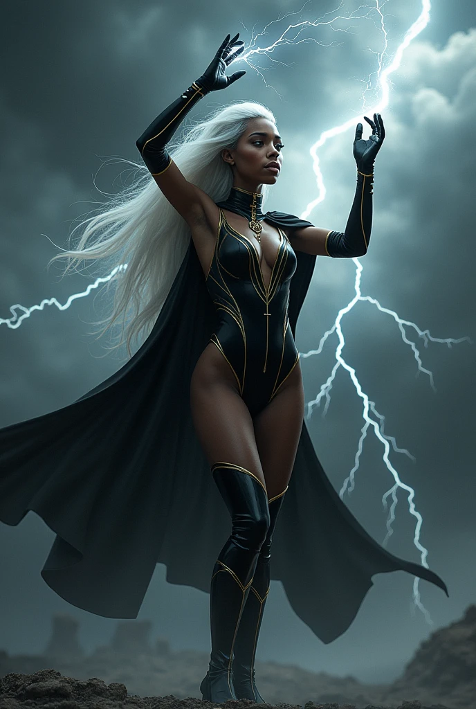 Black american girl, long white hair, beautiful, huge breasts, black crown piece, black leotard, gloves and boots, black cape, yellow and silver lines, x symbol, controling lightning