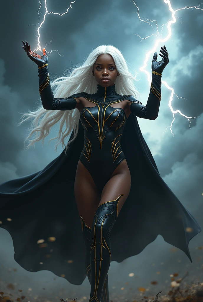 Black girl, long white hair, beautiful, black leotard, gloves and boots, black cape, yellow and silver lines, controling lightning