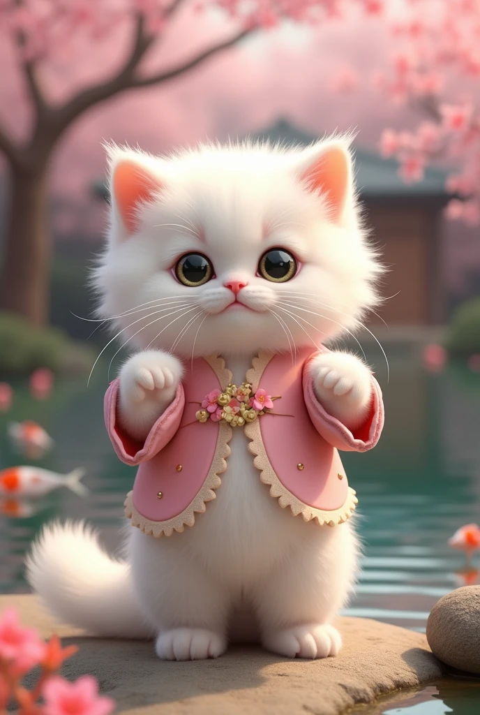 A small white kitten standing facing forward with its front legs raised。
Big eyes with a cute, human-like expression。Slightly larger head than body。limbs are short。
Flower Outfit。Glossy texture。
Japanese background。Japanese Gardens。