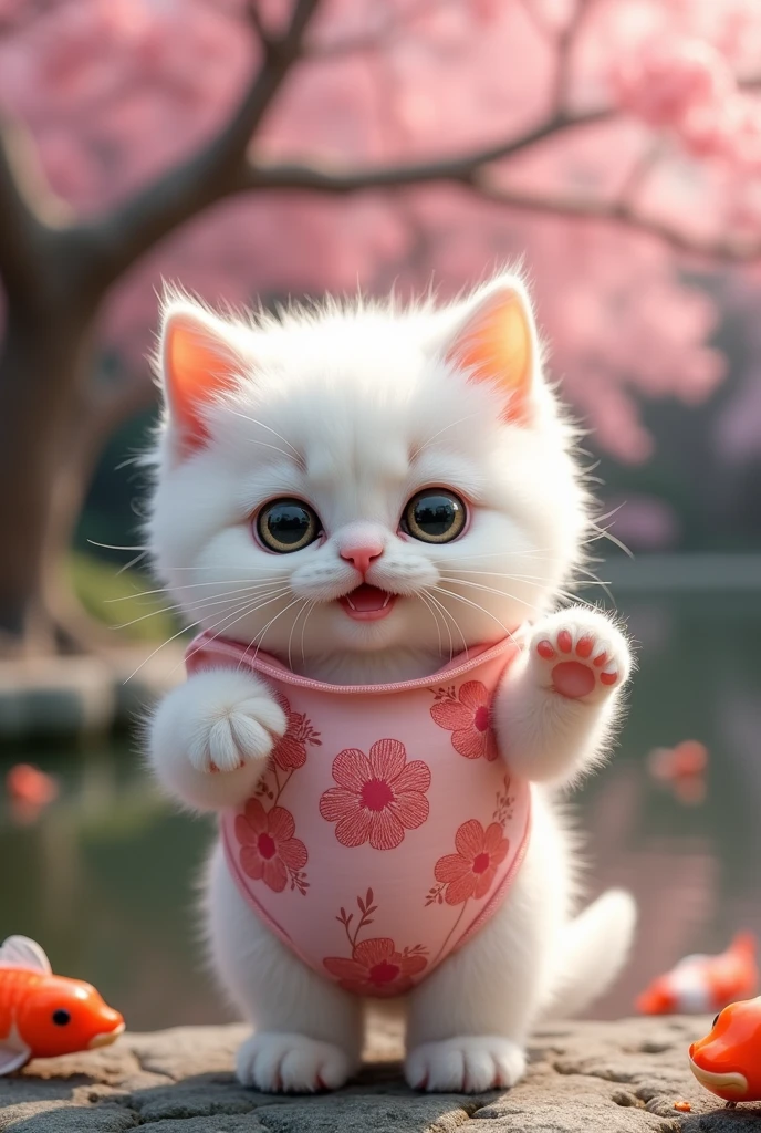 A small white kitten standing facing forward with its front legs raised。
Big eyes with a cute, human-like expression。Slightly larger head than body。limbs are short。
Flower Outfit。Glossy texture。
Japanese background。Japanese Gardens。