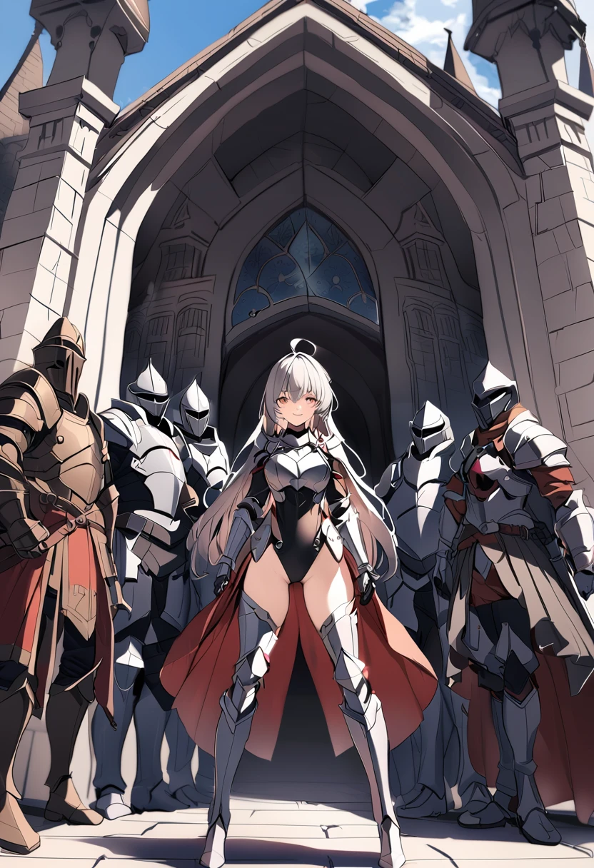 Woman knight、a beauty girl、huge tit、Excellent style、Nice Buddy、glamorous、leotard、s Armor、Bra chest armor、knee boots、gauntlets、hair adornments、silber hair、Longhaire、Ahoge、a medieval castle、is standing、full body seen、Outside the castle、natta、a smile、slightly open mouth