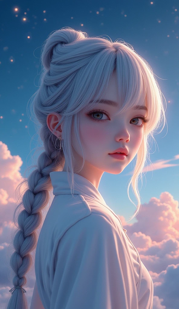 (best quality, masterpiece:1.2), Ultra-high resolution, Practical, forward lighting, Intricate details, Exquisite details and textures, Beautiful night sky, Meteor Showers, Beyond the clouds,Wide Angle, Stunning clouds, 1 Girl, Solitary ,(young), Facial highlights, Upper Body, Delicate face, Tear mole, White skin, Silver Hair, Ponytail, Braided hair, Looking at the audience, big eyes, silk robe, (Hollow pattern, White, silk), earrings, Small Breasts, slim, VIP room, Professional lighting, Photon Mapping, Radiosity, Physically Based Rendering,
