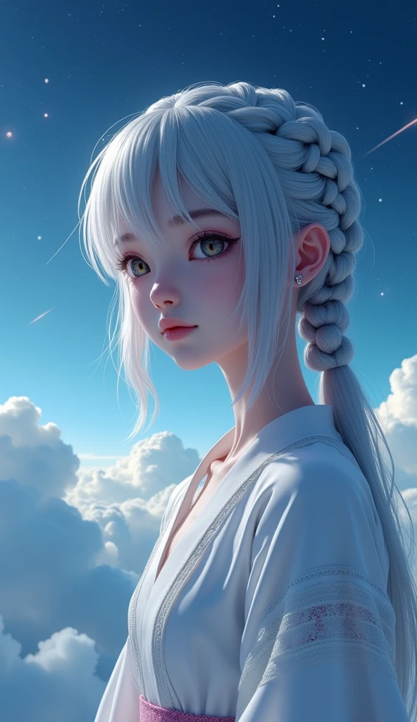 (best quality, masterpiece:1.2), Ultra-high resolution, Practical, forward lighting, Intricate details, Exquisite details and textures, Beautiful night sky, Meteor Showers, Beyond the clouds，Wide Angle, Stunning clouds, 1 Girl, Solitary ,(young), Facial highlights, Upper Body, Delicate face, Tear mole, White skin, Silver Hair, Ponytail, Braided hair, Looking at the audience, big eyes, silk robe, (Hollow pattern, White, silk), earrings, Small Breasts, slim, VIP room, Professional lighting, Photon Mapping, Radiosity, Physically Based Rendering,