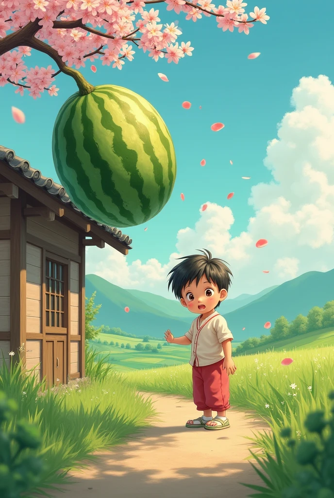 Japanese country style.Picture of mentally retarded child being attacked by a watermelon.have a woven