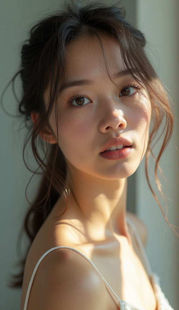 Beautiful female angel looking at the camera with moist eyes, whole body, , Daytime, whole body