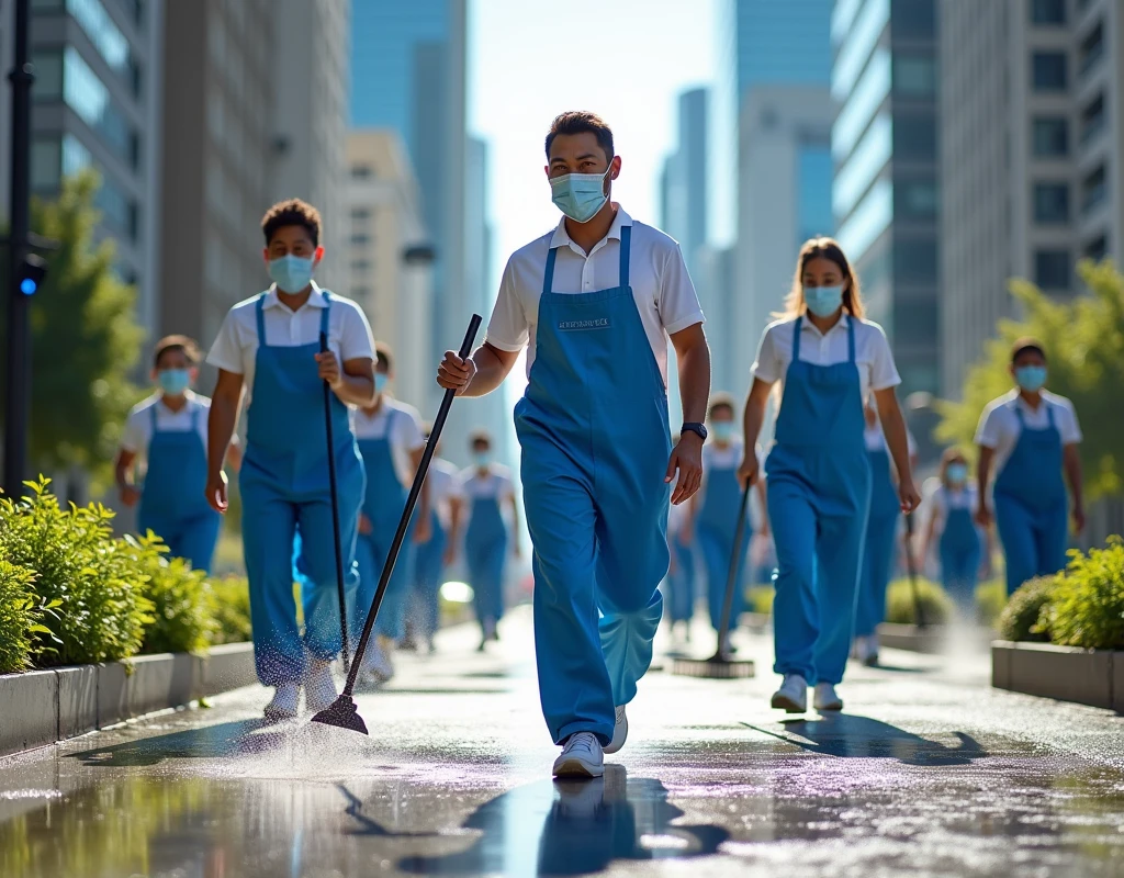 Masked Cleaners: People cleaning with protective masks, blue and white, organized and efficient
