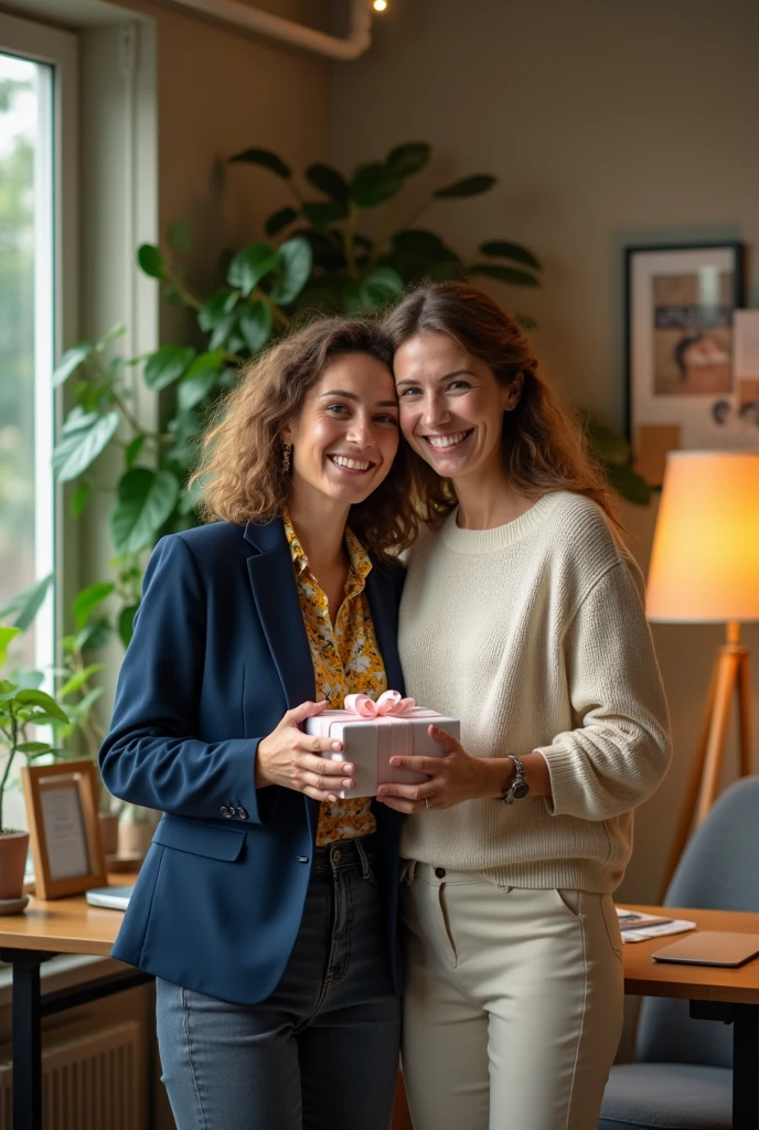 A warm, heartfelt moment that conveys appreciation and gratitude. In office women