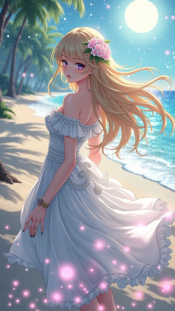 (masterpiece、Highest quality、8k、High resolution)、One female、(Beautiful Face、Beautiful Face)、Beautiful eyes、Beautiful lips、Beautiful nose、Blonde Hair、(The best girl in anime)、Sandy beach with a view of the forest、A bright night with stars visible、full moon、milky way、体whole bodyから神秘的な光の粒子、Colorful light particles、A mysterious light glowing around the head、melt、jewelry、necklace、dress、(whole body)、Highly detailed anime art、A complete portrayal、
