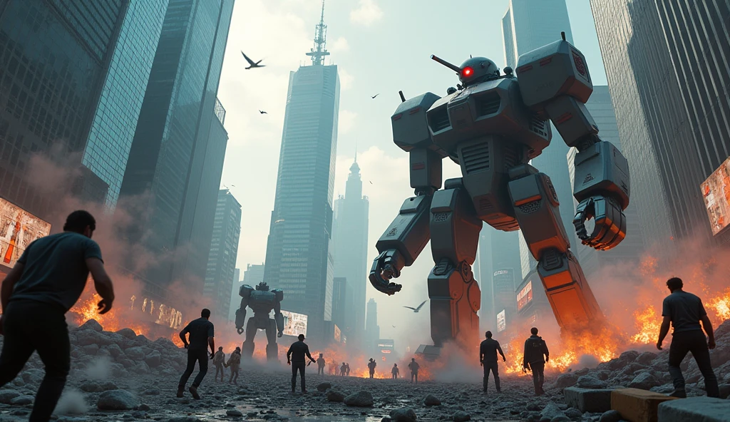 a cityscape under siege by robotic forces, highlighting the contrast between human and machine.